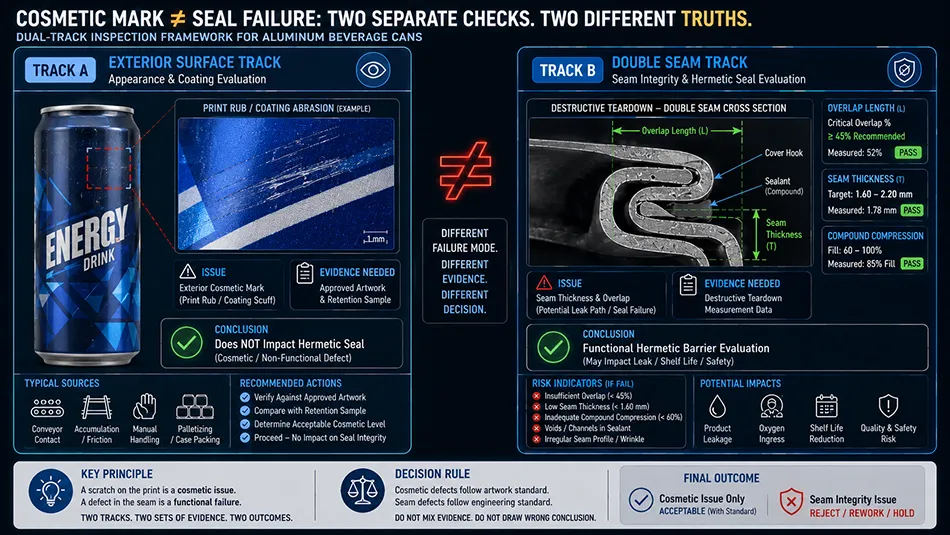 A diagnostic comparison diagram separating superficial exterior print rubs from functional double seam integrity inspection
