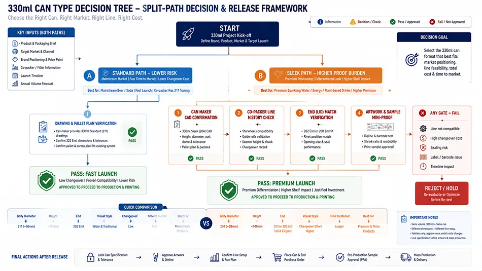 A split-path decision tree for buyers choosing between 330ml standard and 330ml sleek aluminum can bodies