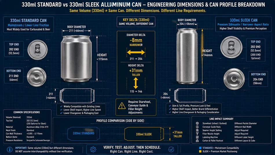Engineering CAD drawing comparing 330ml standard 211 diameter body with 330ml sleek 204 diameter body height and 202 end specs