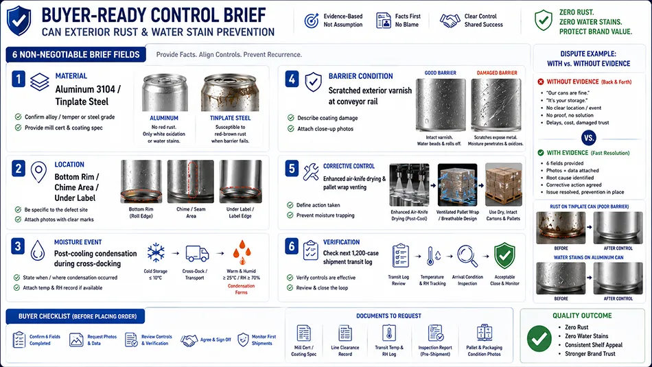 A 6-field buyer-ready control brief panel for investigating and preventing external rust or water staining on packaging cans