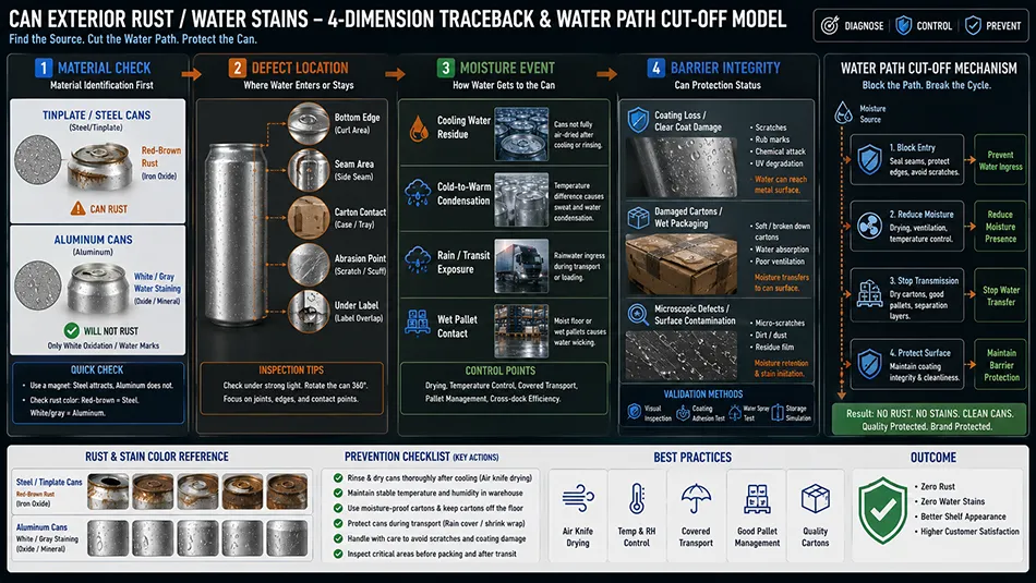 A 4-dimension defect inspection diagram tracing can material, moisture location, environmental exposure, and exterior coating barrier