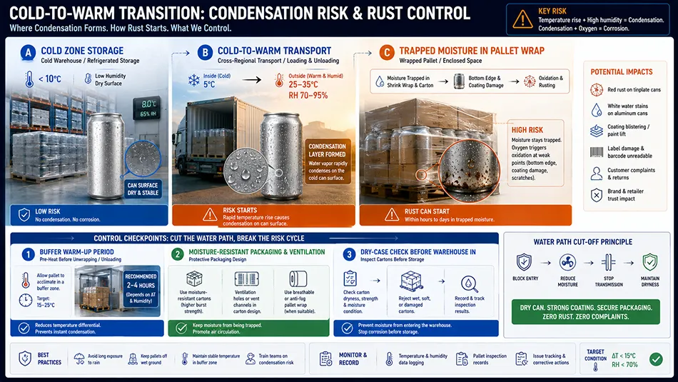An infographic illustrating moisture condensation mechanics during cold-to-warm warehouse transition and pallet protection checks