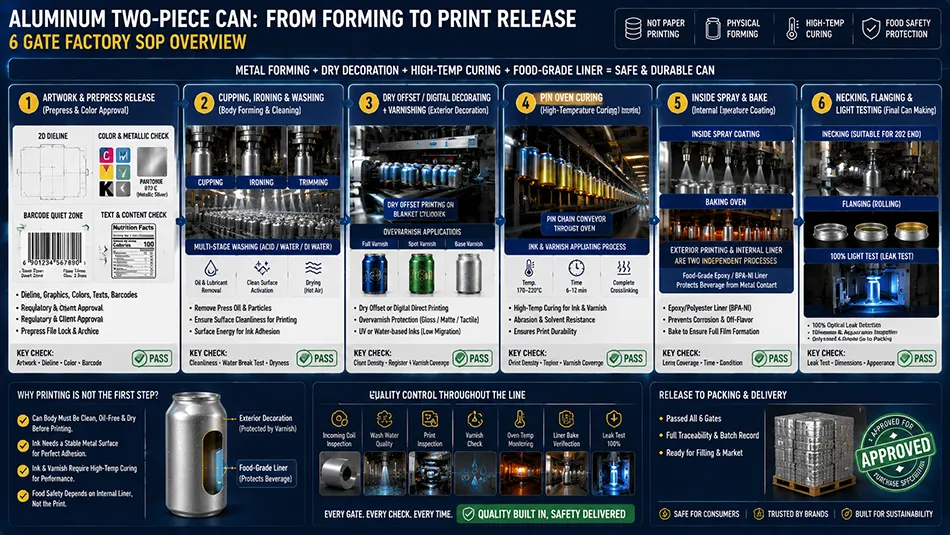 A 6-step factory manufacturing flowchart showing aluminum can body forming, washing, exterior dry offset printing, pin-oven curing, inside coating, and necking inspection
