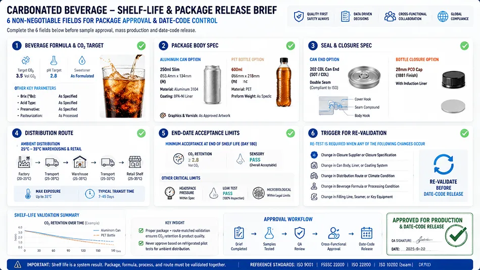 A 6-field carbonated beverage shelf-life brief template aligning CO2 targets, can end or bottle cap, route temperature, and end-date acceptance limits