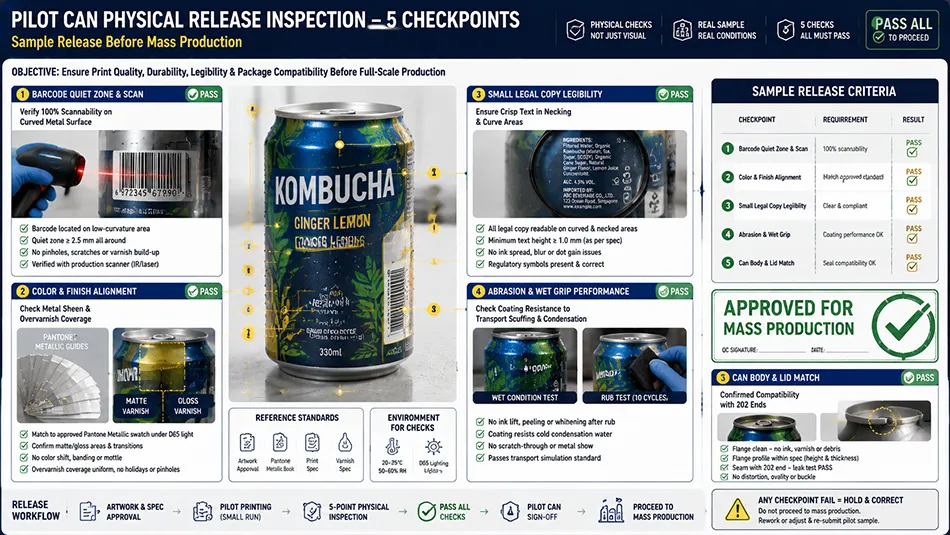 A quality inspection breakdown on a sample printed aluminum can checking barcode scan, varnish durability, curvature distortion, and mandatory legal copy