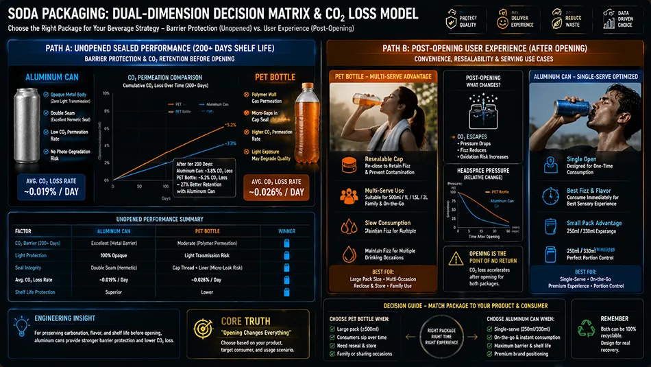 A comparative decision matrix for carbonated soda packaging comparing unopened CO2 retention and light protection against post-opening resealability for aluminum cans and PET bottles