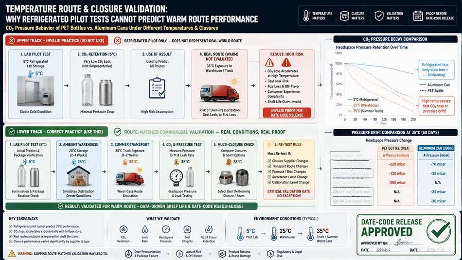 An infographic illustrating temperature route impact on CO2 retention and package seal integrity during warm warehouse transit versus cold pilot testing