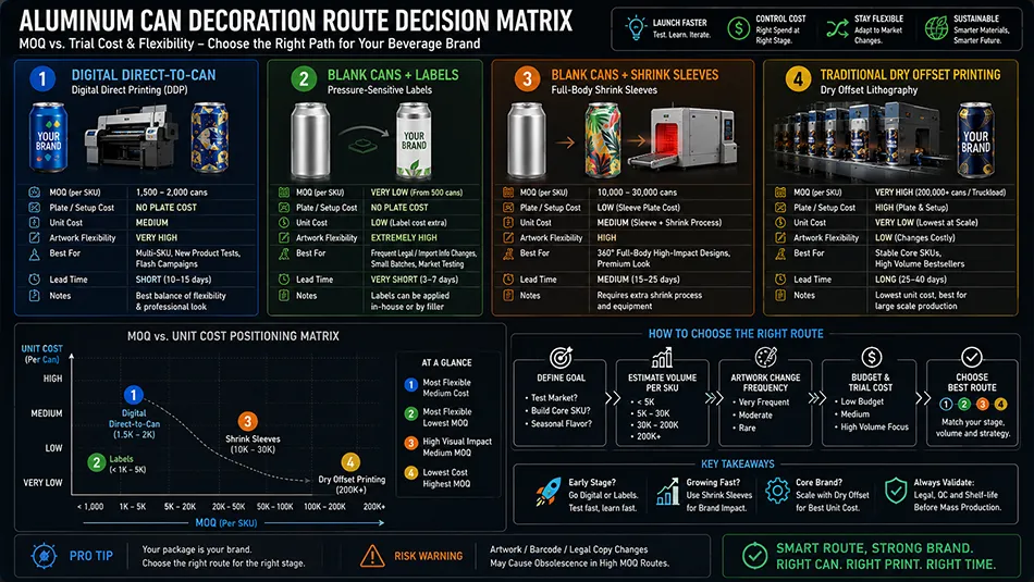 A decision matrix comparing digital direct-to-can printing, pressure-sensitive labels, shrink sleeves, and traditional dry offset printing across MOQ, unit cost, and artwork flexibility