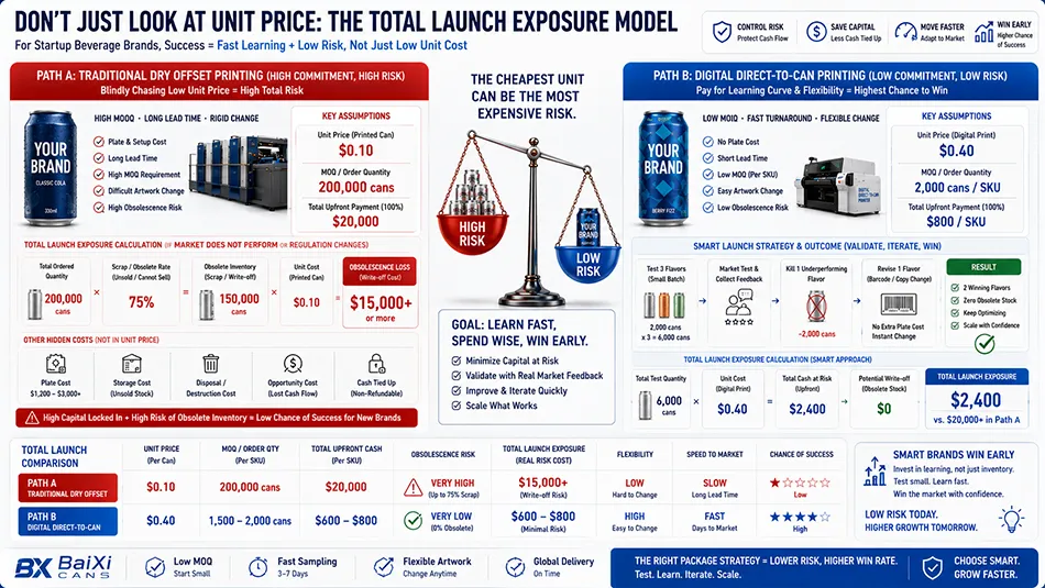 An infographic model comparing total financial exposure of low-MOQ digital can printing versus high-volume offset printing for a new beverage launch