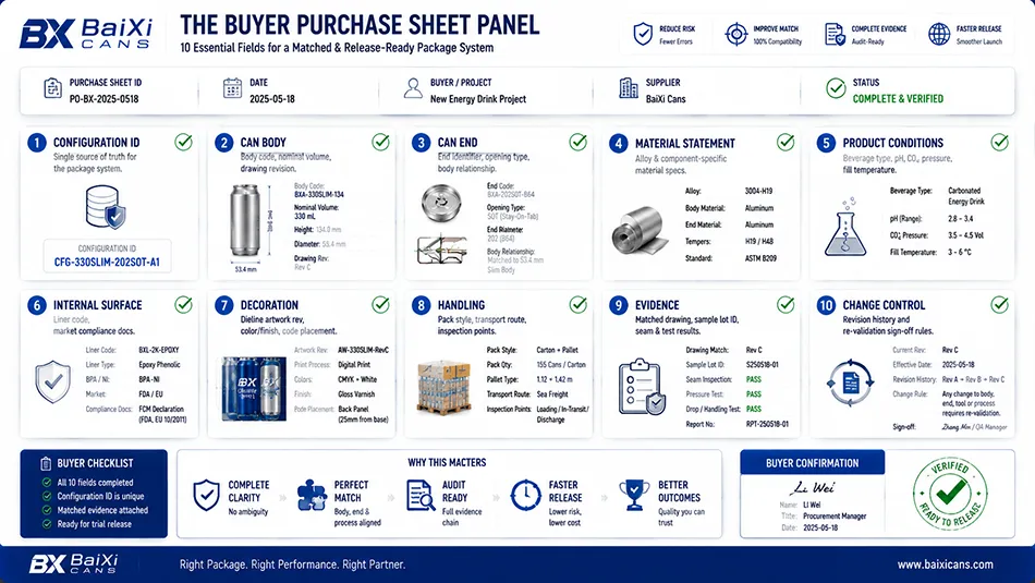 A 10-field procurement purchase sheet template for aluminum beverage cans including body code, end ID, coating, artwork revision, and change control