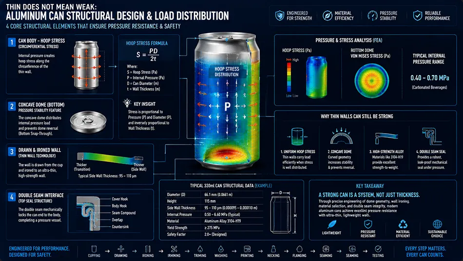 A structural engineering diagram of a drawn and ironed aluminum can illustrating hoop stress, concave dome pressure distribution, wall ironing, and double seam closure