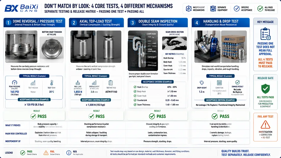 A testing verification matrix separating dome reversal pressure test, axial top-load compression test, double seam inspection, and drop handling evaluation