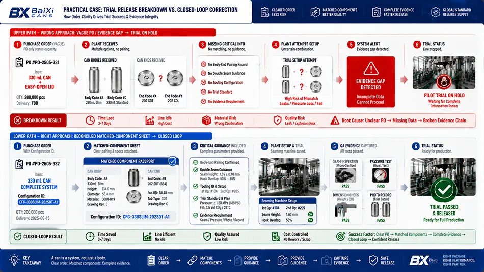 An infographic contrasting a volume-only purchase order that causes a co-packer trial hold with a reconciled matched-component release workflow