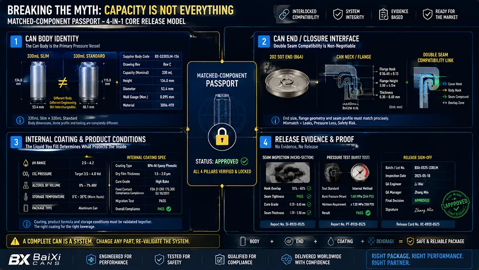 A technical diagram showing a matched component passport linking can body identity, end closure interface, internal coating, and release evidence for aluminum beverage cans