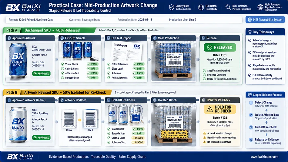 An infographic illustrating staged release logic separating an unchanged approved SKU lot from a late artwork barcode revision lot