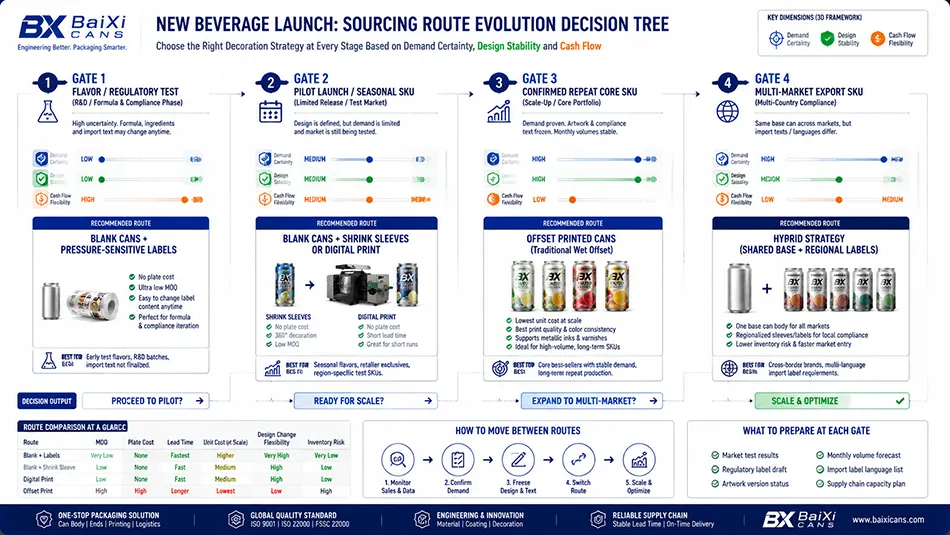 A procurement decision tree matrix for aluminum beverage cans evaluating artwork stability, demand certainty, and cash exposure to choose between blank cans, shrink sleeves, digital print, and offset printed cans