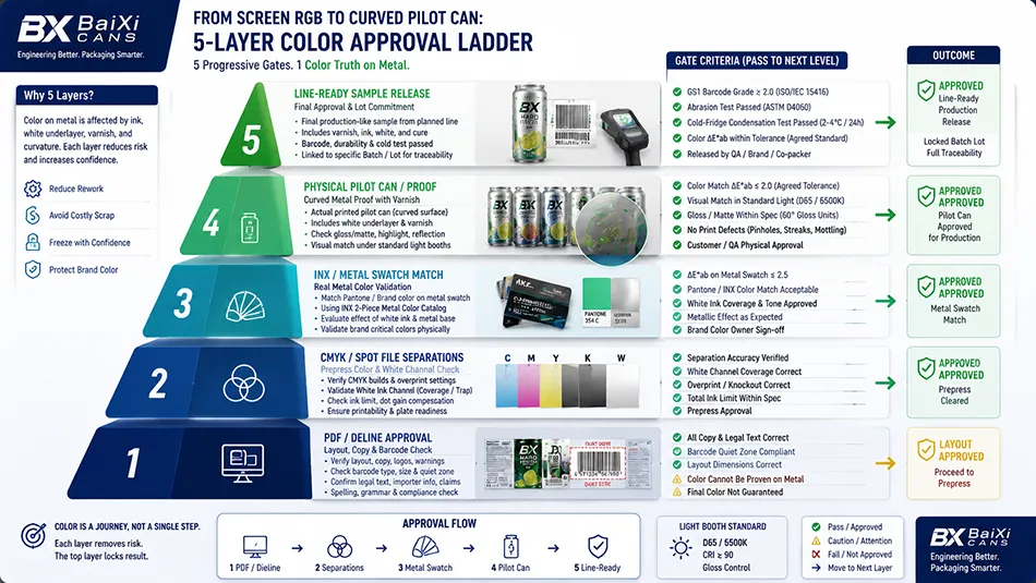 A 5-layer approval pyramid diagram for aluminum can printing moving from digital PDF, paper proof, INX metal swatch, to pilot can and line-ready sample