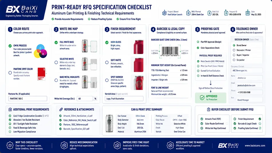 A print-ready RFQ specification checklist for aluminum cans covering color route, white ink logic, matte or gloss finish, barcode quiet zones, and proof requirements