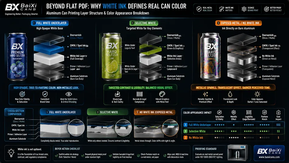 A technical breakdown diagram illustrating the difference in color appearance on aluminum cans between full white ink underlayer, selective white, and exposed bare metal substrate