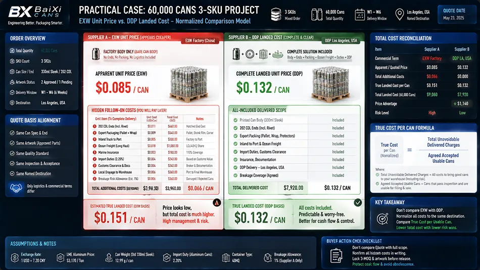 A procurement comparison matrix reconciling EXW factory body-only quotes and DDP landed quotes for a 60,000-can 3-SKU custom printed can order