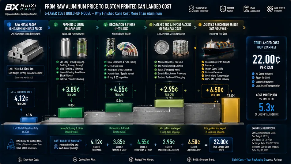 A technical cost waterfall chart breaking down raw LME aluminum price to final landed cost of custom printed cans including liner, end, decoration, and Incoterm logistics