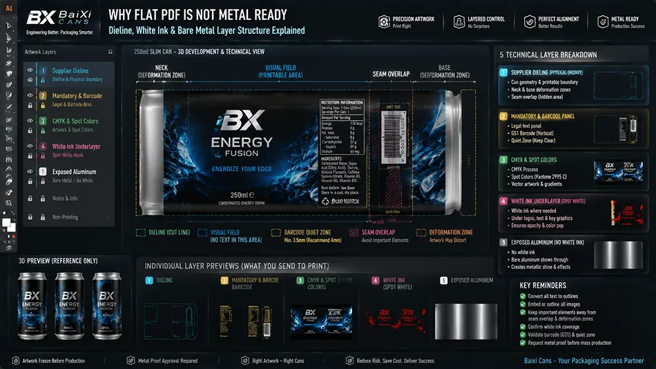 A technical prepress artwork layer breakdown for custom aluminum cans showing the supplier dieline, CMYK spot color layers, white ink underlayer, and exposed bare metal zones