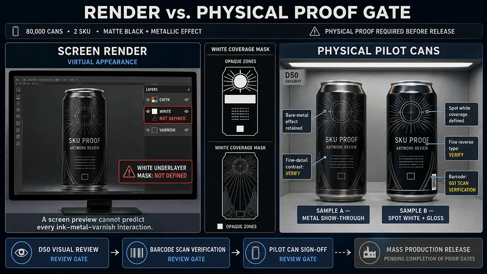 A physical proofing comparison showing a 3D digital render versus an actual production sample with white coverage map and metallic band execution