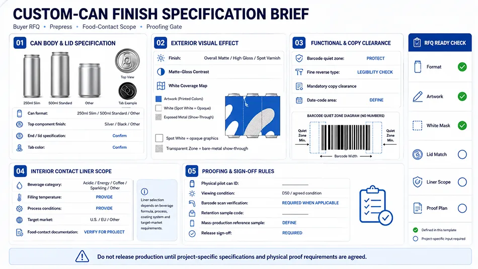 A complete custom aluminum can finish specification brief covering matte gloss choices, white coverage mapping, interior liner documentation, and proof acceptance rules
