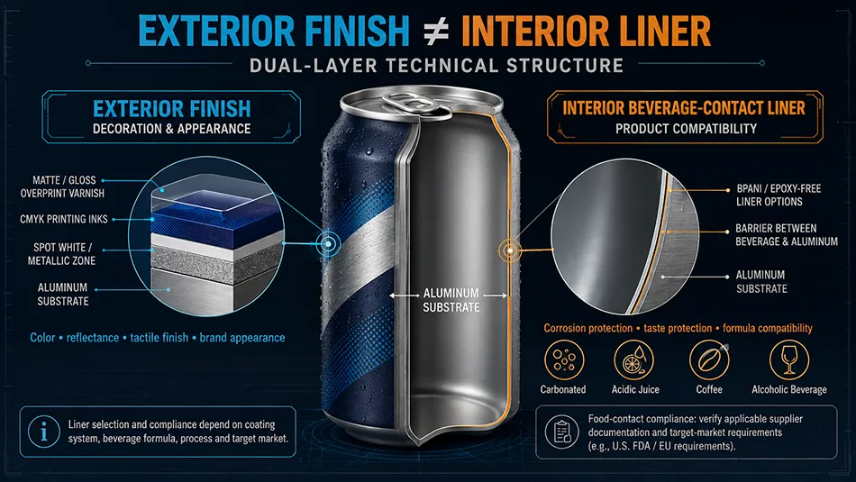 A technical cross-section diagram of a custom printed aluminum can showing exterior matte gloss metallic finishes versus interior BPANI food-contact coating