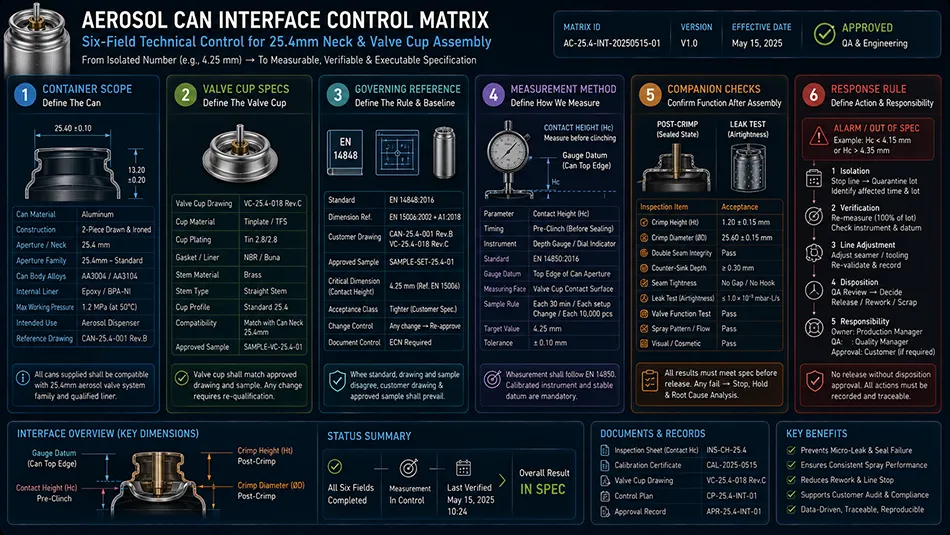 Infographic chart showing six-field aerosol interface control matrix including material valve cup reference gauge method and response rule