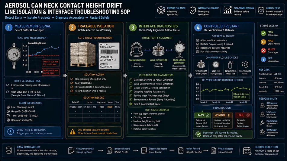 Quality control workflow showing aerosol can contact height drift detection pallet containment and line setup troubleshooting