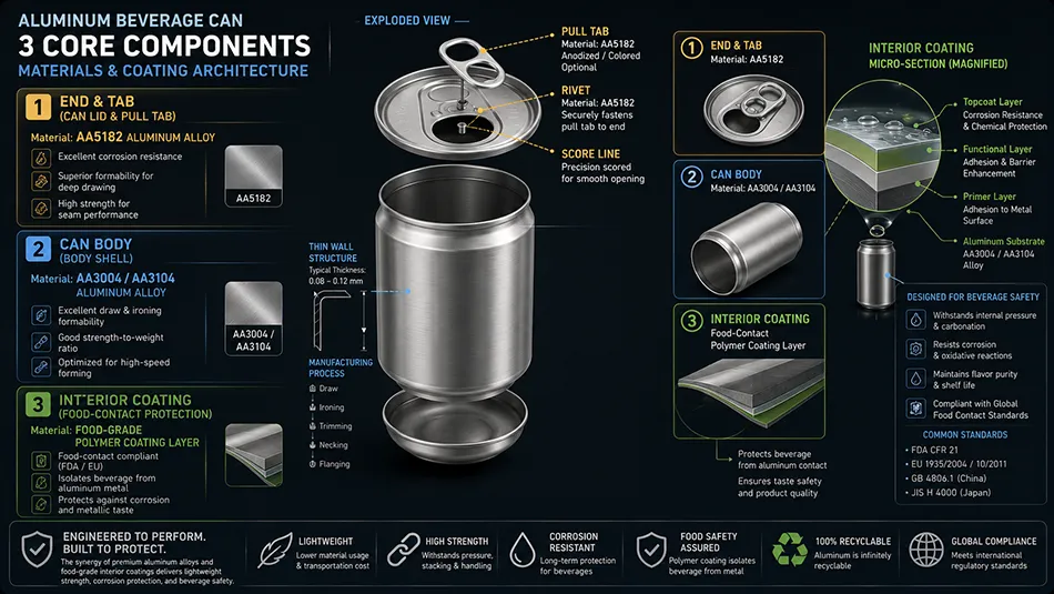 Exploded view diagram of an aluminum beverage can showing AA3004 3104 body stock AA5182 lid and interior protective coating