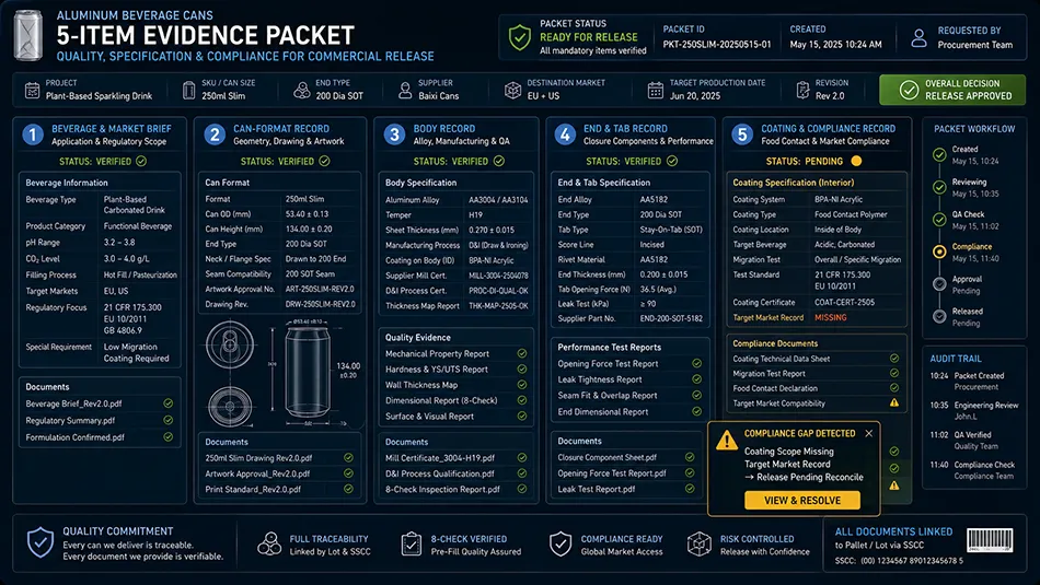 A procurement compliance dashboard showing a 5-item evidence packet for aluminum beverage can specifications and market release