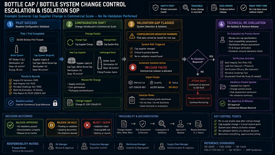 Quality control workflow showing change control isolation when beverage bottle closure or cap supplier is updated