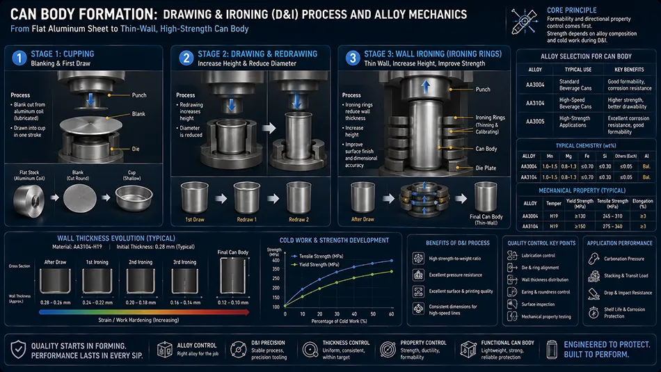 Process diagram of Drawing and Wall Ironing (D&I) forming for aluminum 3004 3104 can body stock showing metal thinning