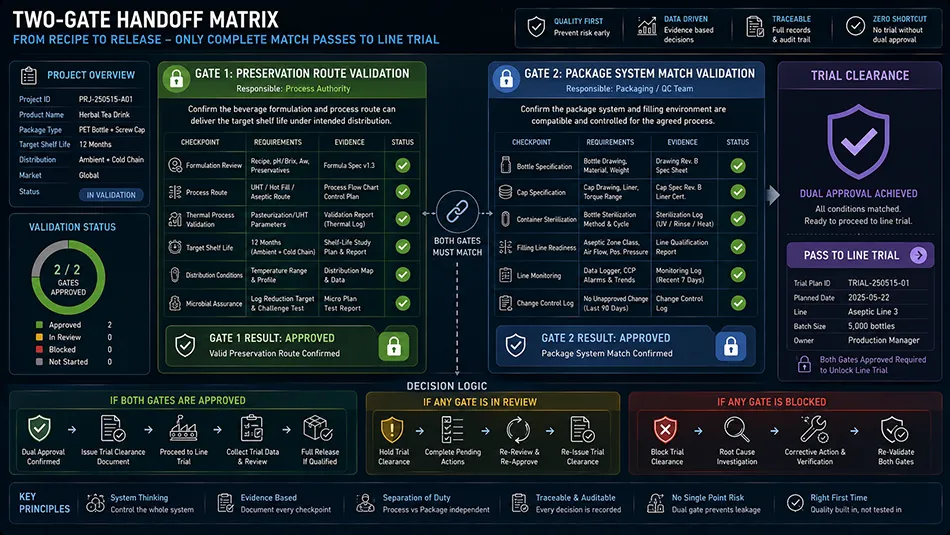 Infographic displaying the two-gate validation handoff framework for beverage preservation route and packaging system approval