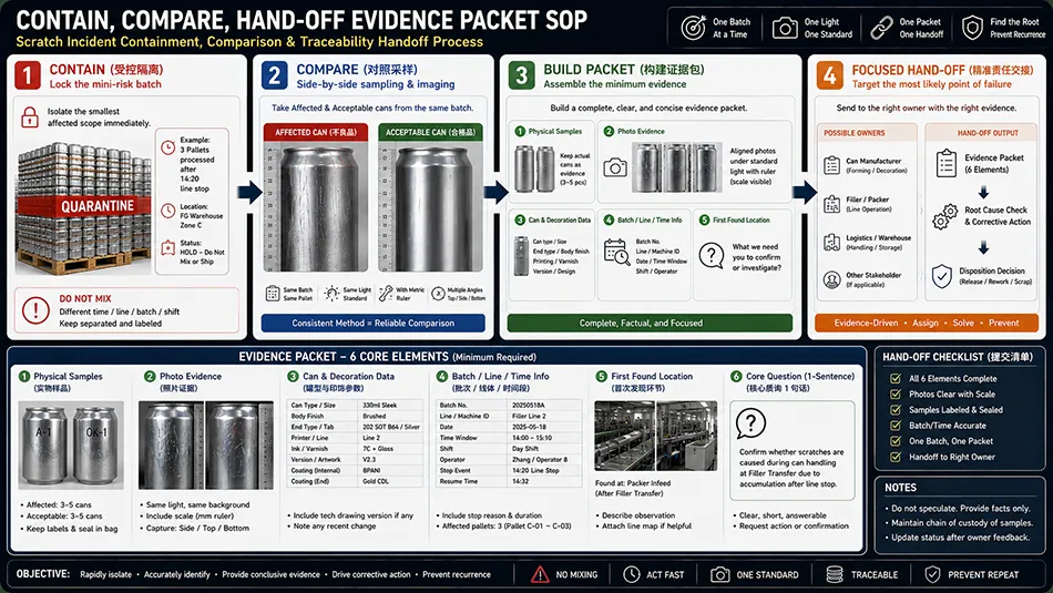 Quality control SOP workflow for aluminum can defect investigation showing containment matching comparative samples and evidence packet handoff