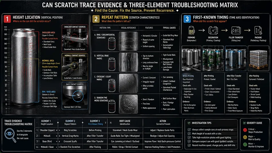 Technical diagram outlining scratch trace evidence parameters on aluminum can including height location repeat pattern and first known timing