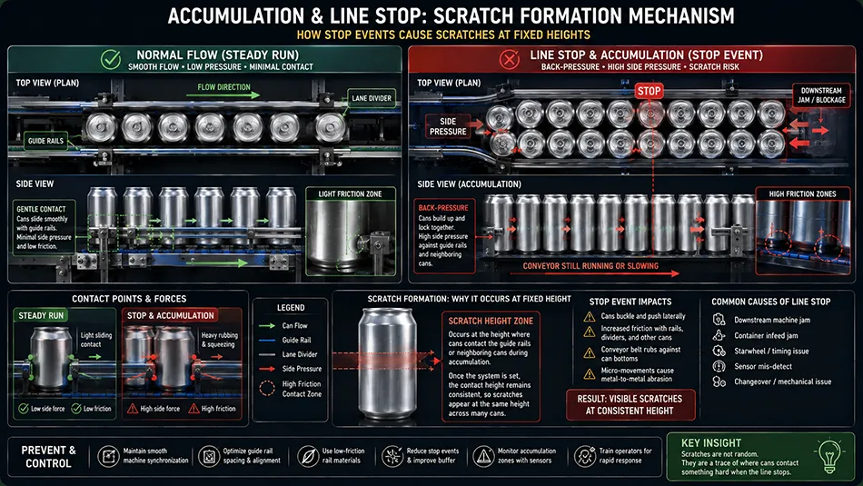 Infographic showing aluminum can scratch formation mechanics during filling line accumulation and conveyor guide rail contact
