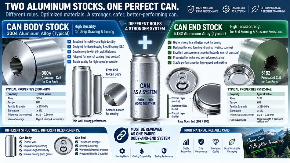 Material comparison between 3004 aluminum alloy can body stock and 5182 precoated aluminum alloy can end stock