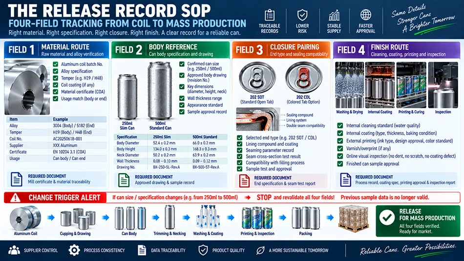 Procurement SOP checklist showing four field release record connecting material route body reference end pairing and finish coating control