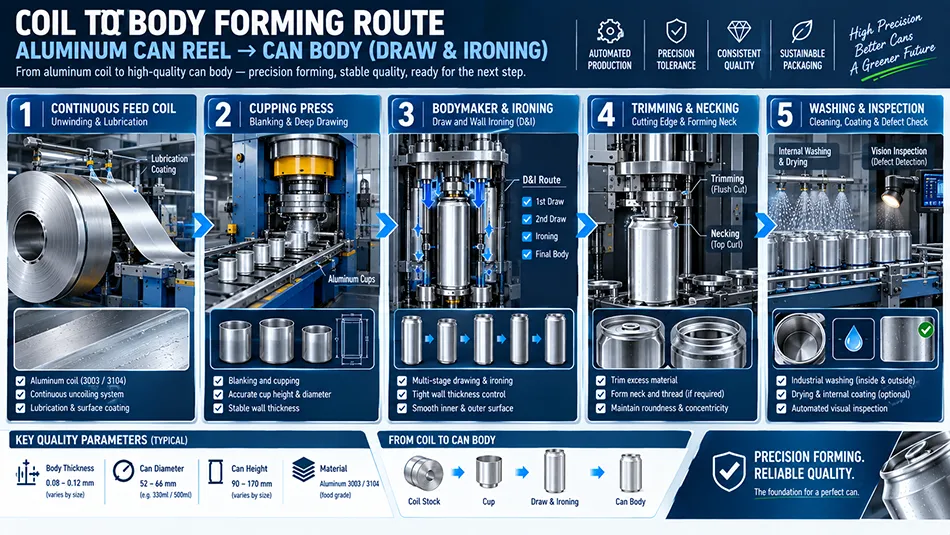 Manufacturing workflow diagram showing aluminum coil feeding cupping punch draw and wall ironing bodymaker trimming and washing stages