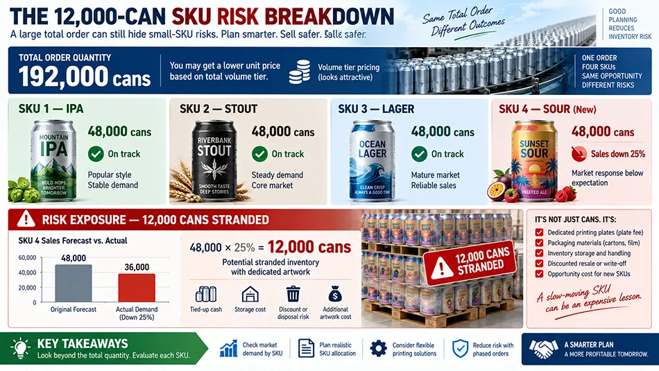 Diagram illustrating SKU level forecast risk for a 192,000 aluminum can order where a 25 percent demand drop causes 12,000 unused custom cans