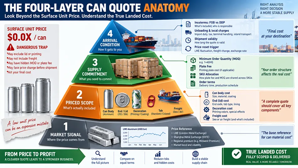 Infographic showing aluminum can quotation landed cost breakdown across market signals scope inclusions commitment and arrival delivery conditions
