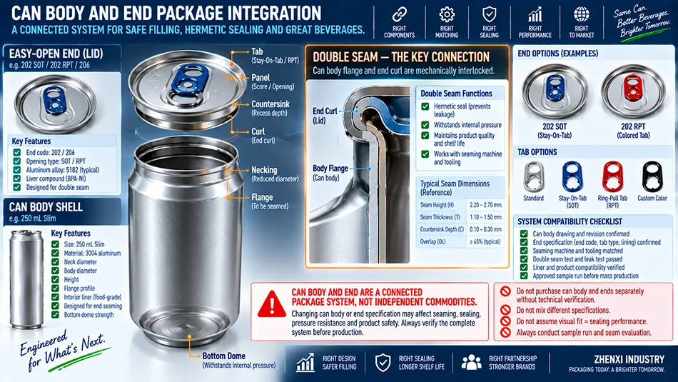 Technical match packaging diagram of 250ml slim aluminum can body and 202 easy open end with double seam interface