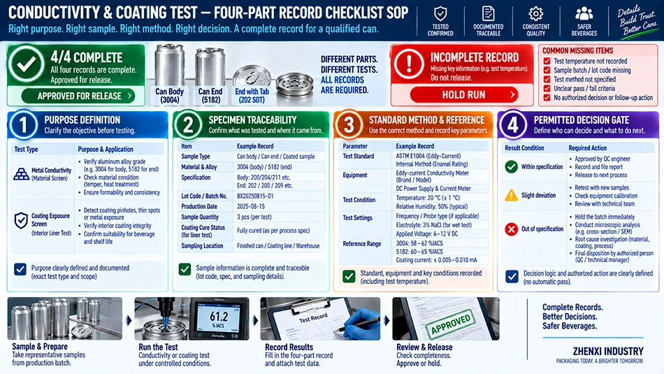 Procurement SOP checklist showing four part record for conductivity and coating exposure report validation