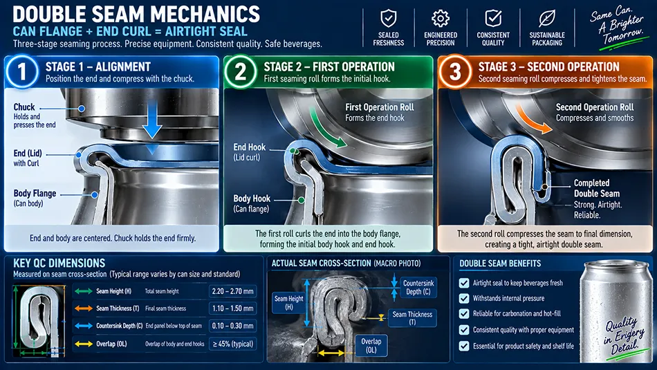 Cross section diagram showing aluminum can body flange and end curl interlocking to form a double seam closure