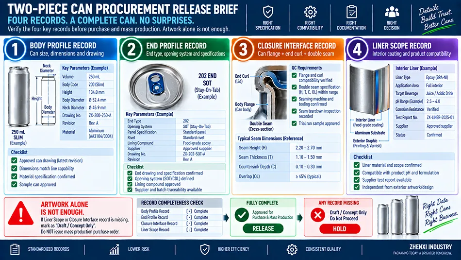Procurement SOP infographic showing four connected records for beverage can release body profile end profile closure interface and liner scope