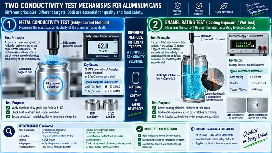 Technical comparison diagram between eddy current metal conductivity testing in IACS and enamel rating coating exposure testing in mA