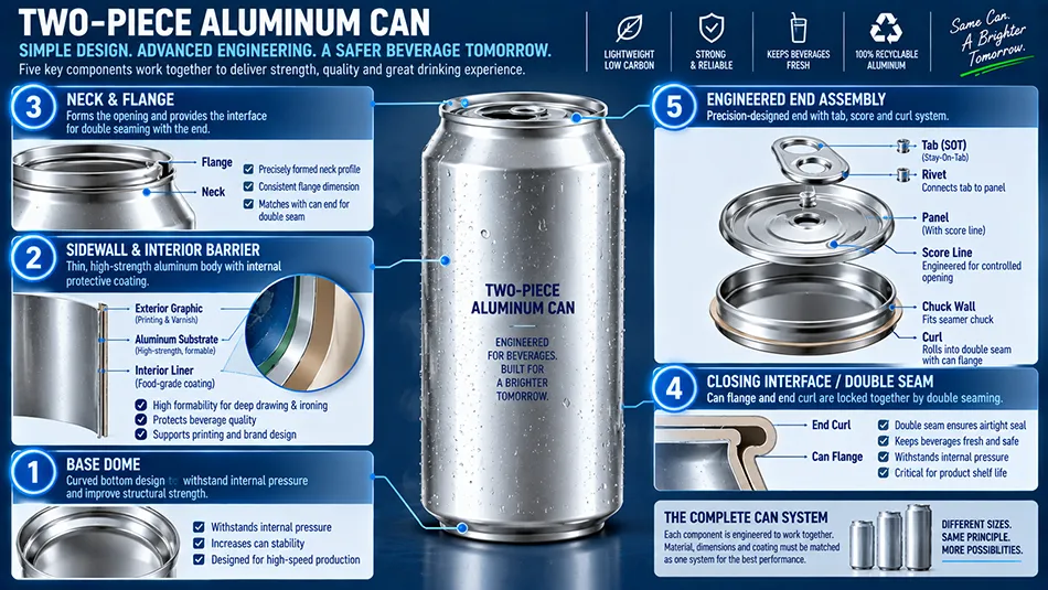 Technical exploded diagram of a two piece aluminum beverage can showing base dome sidewall neck flange interior liner and separate end